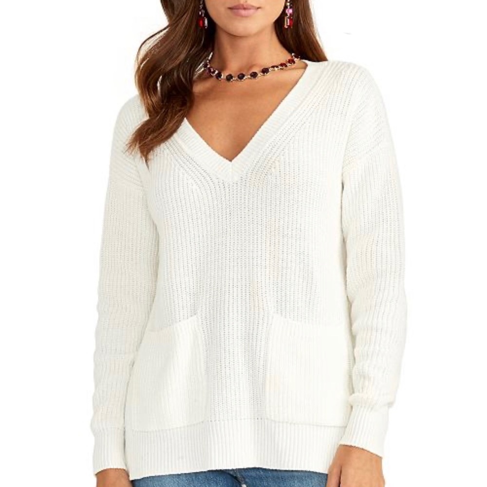 RACHEL Rachel Roy Ivory V-Neck Pocket Knit Sweater